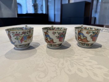14 Chinese Canton famille rose 'Wu Shuang Pu-style' cups and saucers, 19th C.