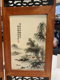 A Chinese famille rose square brush pot and a four-fold table screen with qianjiang cai plaques, Republic, dated 1947