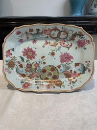 A Chinese famille rose plate with figural design and a dish with floral design, Yongzheng/Qianlong