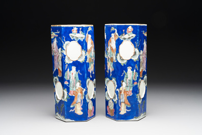 A pair of unusual Chinese blue-ground famille rose 'Eight Immortals' hat stands, Tongzhi mark and of the period