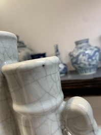 A Chinese ge-type triple-neck moonflask vase with Daoist emblems, 'bianhu', Yongzheng mark and possibly of the period