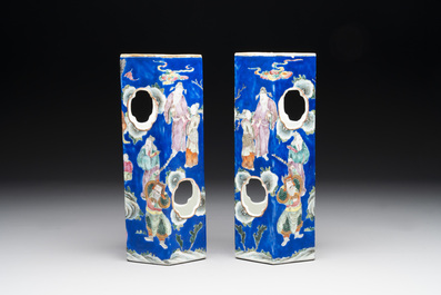 A pair of unusual Chinese blue-ground famille rose 'Eight Immortals' hat stands, Tongzhi mark and of the period