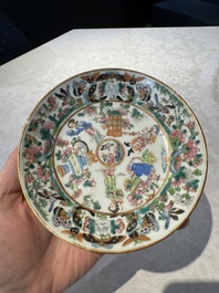 14 Chinese Canton famille rose 'Wu Shuang Pu-style' cups and saucers, 19th C.