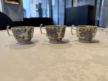 14 Chinese Canton famille rose 'Wu Shuang Pu-style' cups and saucers, 19th C.