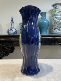 A pair of Chinese famille verte blue-ground lobed vases with figural design, 19th C.