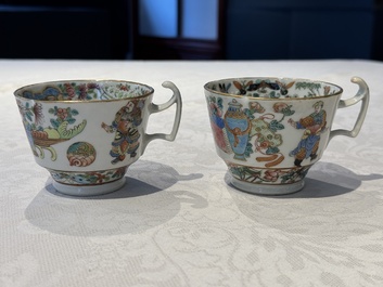14 Chinese Canton famille rose 'Wu Shuang Pu-style' cups and saucers, 19th C.