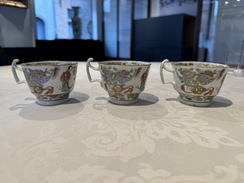 14 Chinese Canton famille rose 'Wu Shuang Pu-style' cups and saucers, 19th C.