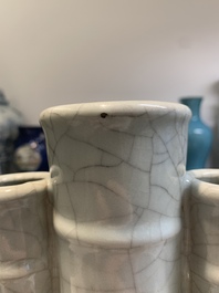A Chinese ge-type triple-neck moonflask vase with Daoist emblems, 'bianhu', Yongzheng mark and possibly of the period