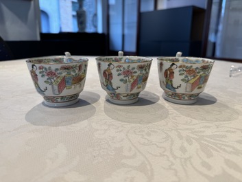14 Chinese Canton famille rose 'Wu Shuang Pu-style' cups and saucers, 19th C.