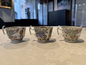 14 Chinese Canton famille rose 'Wu Shuang Pu-style' cups and saucers, 19th C.