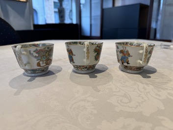 14 Chinese Canton famille rose 'Wu Shuang Pu-style' cups and saucers, 19th C.