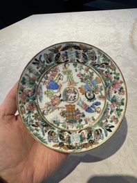 14 Chinese Canton famille rose 'Wu Shuang Pu-style' cups and saucers, 19th C.