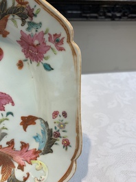 A Chinese famille rose plate with figural design and a dish with floral design, Yongzheng/Qianlong