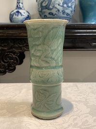 A Chinese Longquan celadon 'gu' vase with 'anhua' floral design and a bowl, Ming
