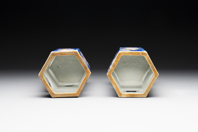 A pair of unusual Chinese blue-ground famille rose 'Eight Immortals' hat stands, Tongzhi mark and of the period