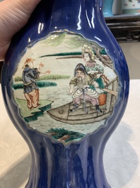 A pair of Chinese famille verte blue-ground lobed vases with figural design, 19th C.