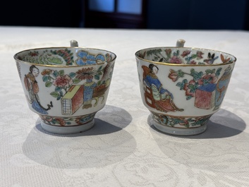 14 Chinese Canton famille rose 'Wu Shuang Pu-style' cups and saucers, 19th C.
