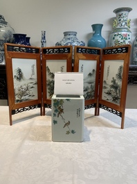 A Chinese famille rose square brush pot and a four-fold table screen with qianjiang cai plaques, Republic, dated 1947