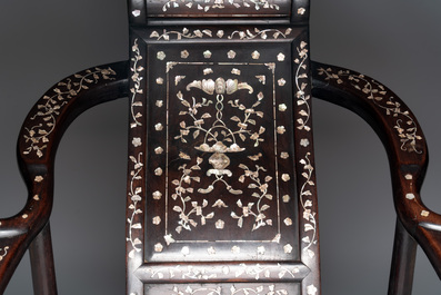 A Chinese mother-of-pearl-inlaid hongmu reclining armchair with a retractable footrest, Canton, 19th C.