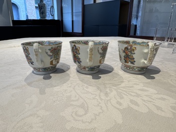 14 Chinese Canton famille rose 'Wu Shuang Pu-style' cups and saucers, 19th C.