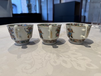 14 Chinese Canton famille rose 'Wu Shuang Pu-style' cups and saucers, 19th C.