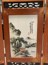 A Chinese famille rose square brush pot and a four-fold table screen with qianjiang cai plaques, Republic, dated 1947