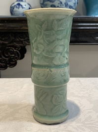 A Chinese Longquan celadon 'gu' vase with 'anhua' floral design and a bowl, Ming