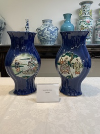 A pair of Chinese famille verte blue-ground lobed vases with figural design, 19th C.