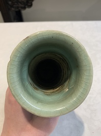 A Chinese Longquan celadon 'gu' vase with 'anhua' floral design and a bowl, Ming