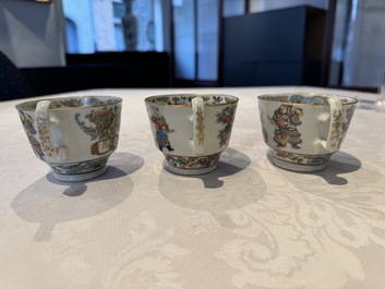 14 Chinese Canton famille rose 'Wu Shuang Pu-style' cups and saucers, 19th C.