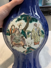 A pair of Chinese famille verte blue-ground lobed vases with figural design, 19th C.