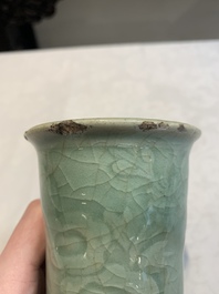 A Chinese Longquan celadon 'gu' vase with 'anhua' floral design and a bowl, Ming