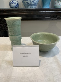 A Chinese Longquan celadon 'gu' vase with 'anhua' floral design and a bowl, Ming