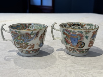 14 Chinese Canton famille rose 'Wu Shuang Pu-style' cups and saucers, 19th C.