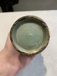 A Chinese Longquan celadon 'gu' vase with 'anhua' floral design and a bowl, Ming