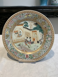 A Chinese famille rose plate with figural design and a dish with floral design, Yongzheng/Qianlong