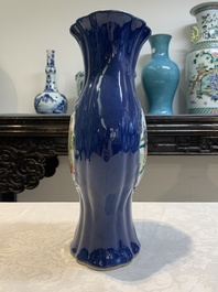 A pair of Chinese famille verte blue-ground lobed vases with figural design, 19th C.