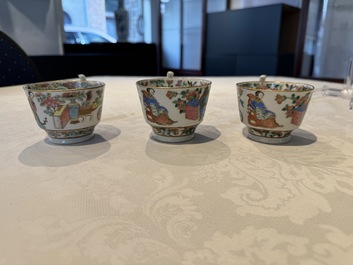 14 Chinese Canton famille rose 'Wu Shuang Pu-style' cups and saucers, 19th C.