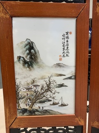 A Chinese famille rose square brush pot and a four-fold table screen with qianjiang cai plaques, Republic, dated 1947
