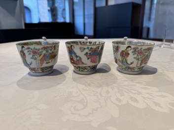 14 Chinese Canton famille rose 'Wu Shuang Pu-style' cups and saucers, 19th C.