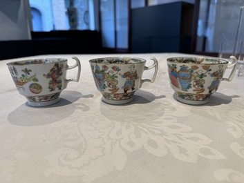 14 Chinese Canton famille rose 'Wu Shuang Pu-style' cups and saucers, 19th C.