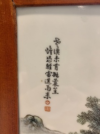 A Chinese famille rose square brush pot and a four-fold table screen with qianjiang cai plaques, Republic, dated 1947