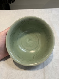 A Chinese Longquan celadon 'gu' vase with 'anhua' floral design and a bowl, Ming