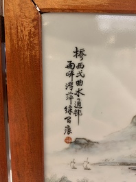 A Chinese famille rose square brush pot and a four-fold table screen with qianjiang cai plaques, Republic, dated 1947