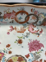 A Chinese famille rose plate with figural design and a dish with floral design, Yongzheng/Qianlong