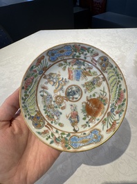14 Chinese Canton famille rose 'Wu Shuang Pu-style' cups and saucers, 19th C.