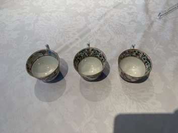 14 Chinese Canton famille rose 'Wu Shuang Pu-style' cups and saucers, 19th C.