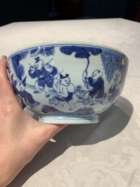 A Chinese blue and white '100 boys' bowl, Fu Lu Shou seal mark, Yongzheng