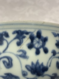 Four Chinese blue and white bowls, two cups and a plate, Ming