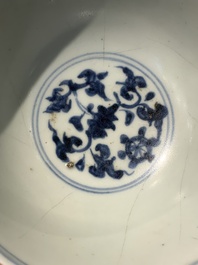 Four Chinese blue and white bowls, two cups and a plate, Ming